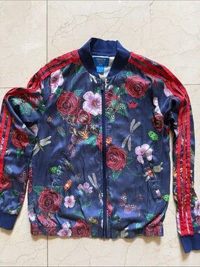 Adidas Rita Ora LIMITED RARE Navy Roses Bomber Jacket with Red Stripes Superstar